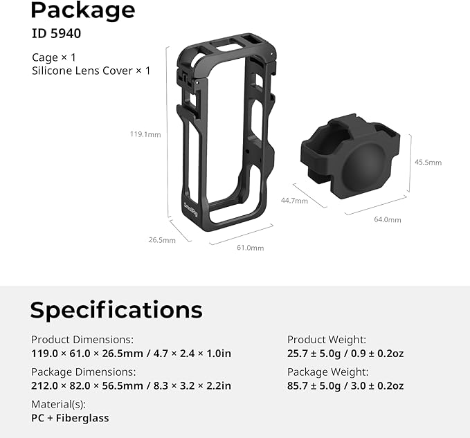 SmallRig Cage for Insta360 X4 Air, Plastic Protective Case for Insta360 X4 Air, Built-in Cold Shoe Mounts & 1/4" Locating Hole, with Silicone Lens Cover - 5940