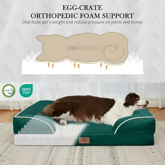Comfort Expression Orthopedic Dog Bed for Extra Large Dogs 42x30 Inch, Waterproof Supportive Egg Crate Foam XL Pet Bed with Removable Bolsters, Dog Couch with Washable Cover & Non-Slip Bottom, Emerald