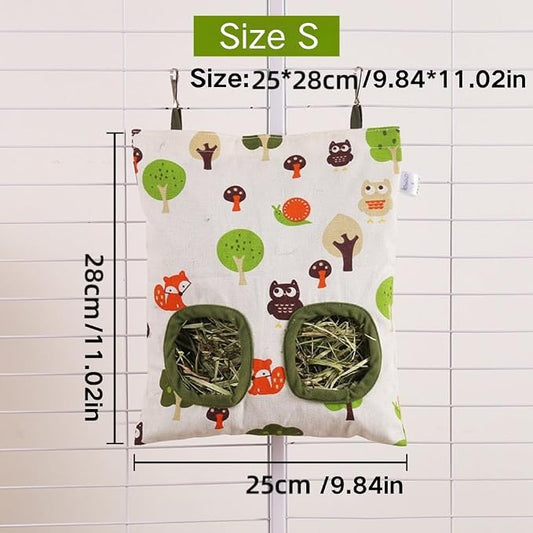 Rabbit Hay Feeder Bag for Cage Guinea Pig Timothy Hay Dispenser Storage Manger Hanging Large Less Waste for Bunny Guinea Pig Chinchilla (Love Strawberry,Small)