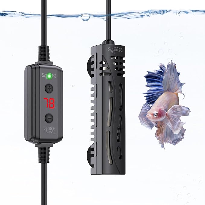 SEAOURA Small Aquarium Heater, 25W Mini Turtle and Betta Fish Tank Heater 1-6 Gallon Tank, Adjustable Submersible Aquarium Heater with External Controller for Freshwater and Saltwater