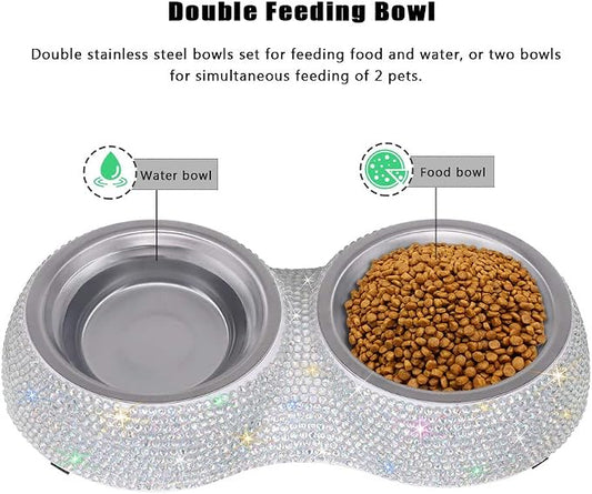 SAVORI Small Dog Bowls, Handmade Bling Rhinestones Stainless Steel Pet Bowls Double Food Water Feeder for Puppy Cats Dogs Cats (AB Color-320ml)