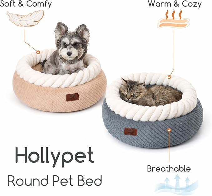 Hollypet Cat Bed for Indoor Cats Kitty Beds, Round Washable Fluffy Small Dog Bed, Soft Cozy Plush Pet Beds for Puppy and Kitten with Non-Slip Bottom (20" Diameter, Grey)