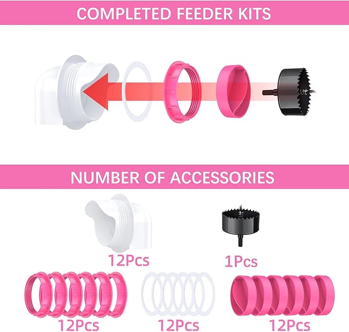 Chicken Feeder Port, 12 Pack Chicken Feeders No Waste with 12 Lids 1 Drill Bit, DIY Automatic Poultry Feeder Cups Kit, Chicken Bucket Feeder for Barrels (Pink)