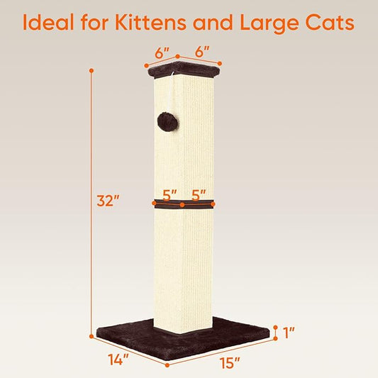 Cat Scratching Post 32 Inch for Indoor Large Cats and Kitten, Nature Sisal Tall Cat Scratch Post, Sisal Cat Scratcher Improve Cat's Scratching Habits and Protect Your Furniture, Beige