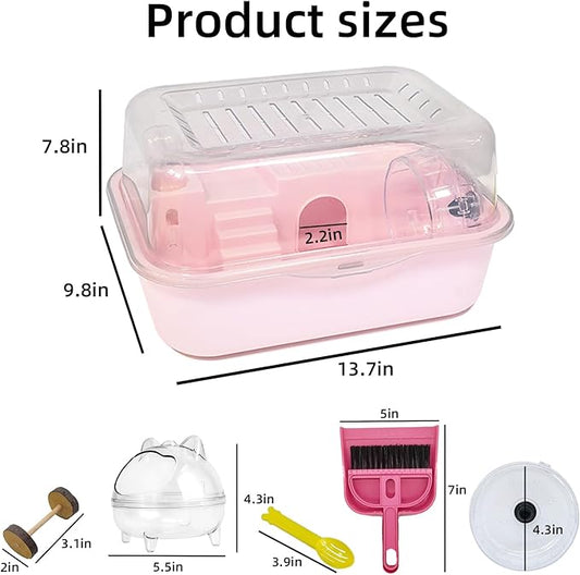 Hamiledyi Dwarf Hamster Cage Clear Plastic Small Hamster Cage Portable Carrier with Water Bottle Exercise Wheel Bathtub Box Set Toy for Dwarf Baby Hamster (Pink)