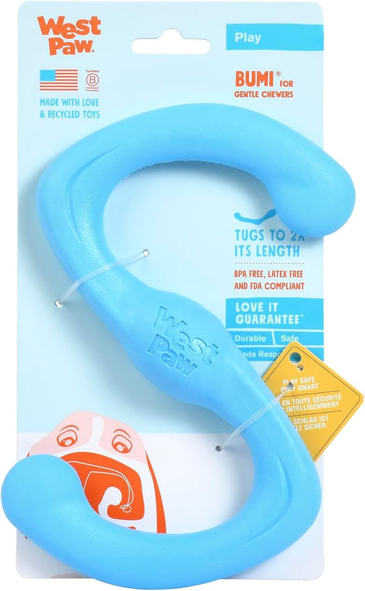WEST PAW Zogoflex Bumi Dog Tug Toy – S-Shaped, Lightweight Chew Toys for Fetch, Play, Pet Exercise – Tug of War Soft Flinging Squishy Chewy Toy for Dogs – Guaranteed, Latex-Free, Small 8", Aqua Blue