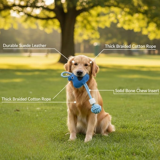 Natural Suede Leather & Rope Dog Chew Toy with Knotted Rope Bone Design Interactive Tug Toy for Medium and Large Dogs Daily Play Use Indoor Chew Toy (Squirrel Shape)