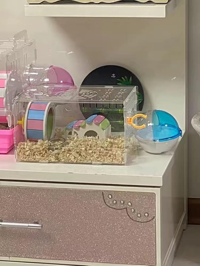 Small Animal Bath House,Pet Toy Acrylic Hamster Bathroom Cage Toilet Bathtub Sand Bath Container Removable, Suitable for Chinchilla Syrian Hamster Gerbil (Pink)