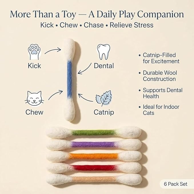 LEDeng Cotton Swabs Cat with Catnip, Swabs Catnip Toys Set of 6 Soft Plush Kicker Toys, Sturdy Teething Chew Toy (C)