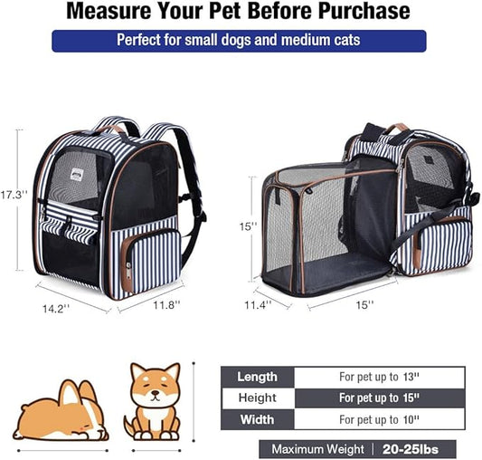 Extra Large Cat Backpack Carrier Expandable Pet Carrier Backpack for Small Dogs Medium Cats Fit Up to 18 Lbs, Dog Backpack Carrier, Foldable Puppy Backpack Carrier for Travel, Hiking,Striped