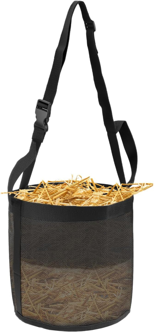 QWORK Horse Feed Bag Grain, Black PVC Mesh Horse Feeder with Adjustable Strap, (Fits Small to Full-Sized Horses)