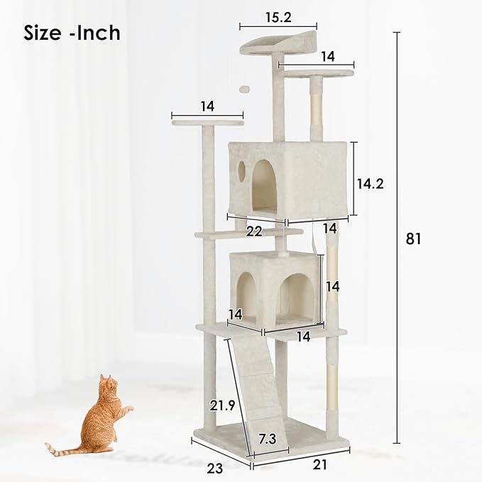 PayLessHere Cat Tree 62in Cat Tower with Cat Scratching Post,Multi-Level Cat Condo Stand House Furniture Kitty Activity Center with Furry Ball Toys Cat Tree for Indoor Cats,Beige