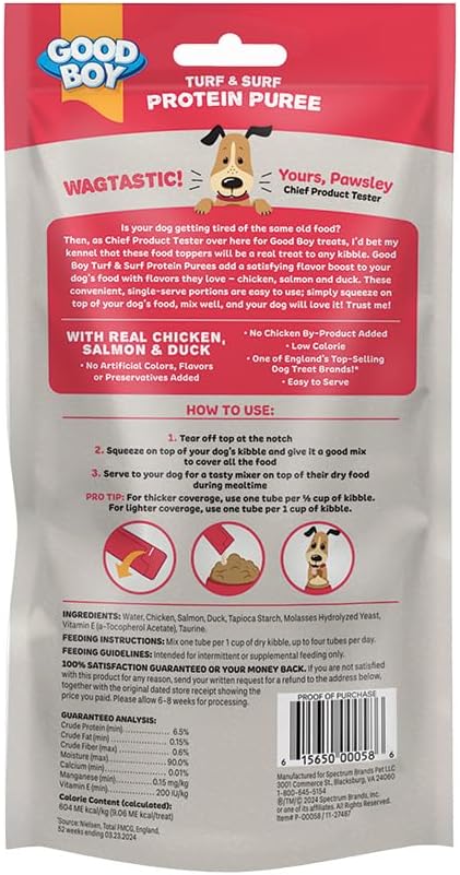 Good Boy Turf & Surf Protein Purees Dog Food Mixers for All Adult Dogs, 10 Count, Easy Single-Serve Triple Flavor Topper Treats with Chicken, Salmon and Duck