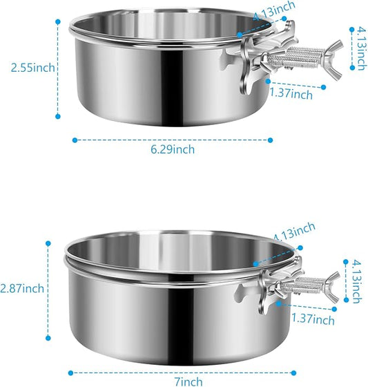 2 Pcs Large Dog Food Water Bowl for Cage with Upgraded Clamp Holder, Pet Kennel Hanging Bowls Stainless Steel Non-Spill Detectable Bowls Crate Feeder for Large Dogs (7x2.8'' & 6.3x2.5'')