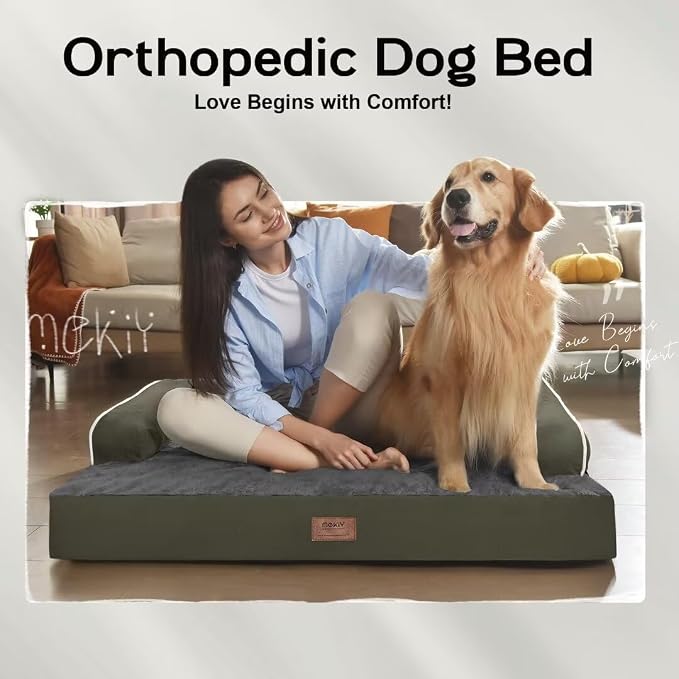 MEKIY Orthopedic Washable Dog Bed with Bolster for Medium to Large Dogs | Pillow Support for Neck Relief, Egg Crate Foam, Waterproof Liner, Anti-Slip Bottom, Removable Bolster Cover, 36 x 27 Inch