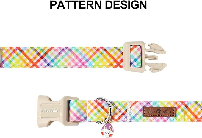 Lionet Paws Easter Dog Collar, Comfortable Adjustable Colorful Plaid Collar with Purple Rabbit for X-Large Male Female Dogs Collars, Neck 16-26 inches