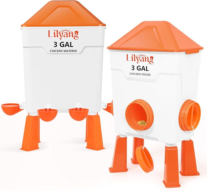 Lilyang Chicken Feeder and Waterer Set 3 Gallon, Automatic No-Waste Feeder, Large Poultry Waterer with 2.75'' Cups, Standing or Hanging Use, Feed Chickens & Ducks