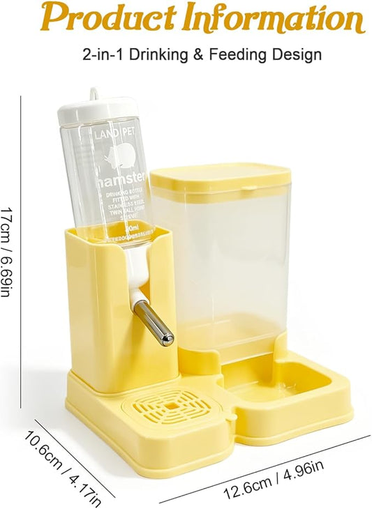 Hamster Water Bottle 2-in-1, 80ml Top-Fill Water Dispenser & 320ml Food Feeder, BPA-Free Anti-Leak Small Animal Cage Accessories for Hamster Gerbil Mouse (Yellow)