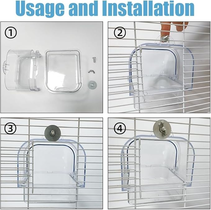 Bird Bath for Cage - Spacious Parakeet & Parrot Bathtub with Hanging Hooks, Portable Shower for Most Birdcages, Cleaning Pet Supply (Clear)