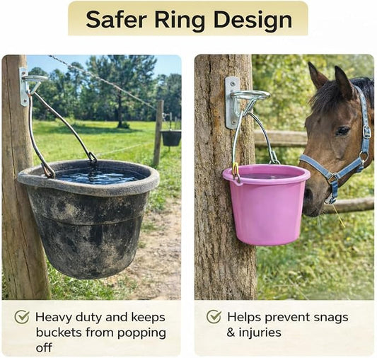 Horse Stall Bucket Hooks, Heavy Duty Metal Ring Bucket Hangers with J-Hook, Wall Mounted Water Feed Bucket Holder for Barn, Stable & Fence, Includes Screws, 2-Pack