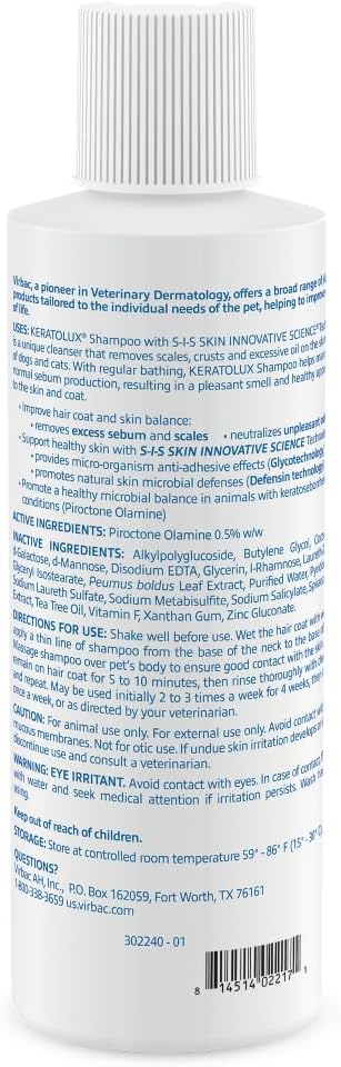 Virbac KERATOLUX® (Piroctone Olamine) Medicated Shampoo for Oily to Flaky Skin, Seborrheic Prone Dogs and Cats - 16 oz