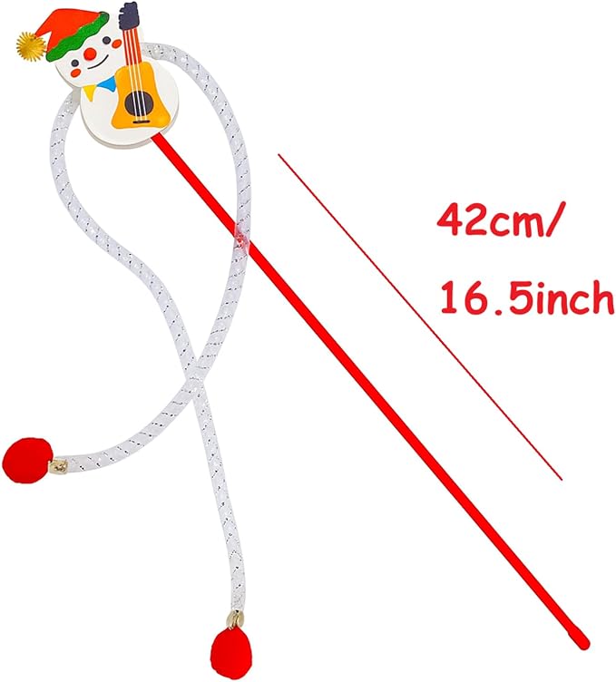 Christmas Cat Toy Wand Set of 2 – Interactive Cat Teaser Wands with Snowman and Christmas Tree Designs, Holiday Cat Toys with Bells and Pom-Poms for Indoor Cats and Kittens