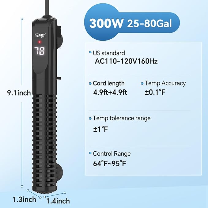 hygger Ceramic Submersible Aquarium Heater, New Explosion-Proof Fish Tank Water Heater with External Temp Controller Auto Thermostat Heater for Saltwater Freshwater (300W for 25~80 Gallon)
