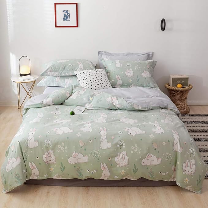 BlueBlue Rabbit Kids Duvet Cover Set, 100% Cotton Bedding for Boys Girls Teens Single Bed, Cartoon White Rabbit Flower Pattern Print on Light Green, 1 Comforter Cover 2 Pillowcase (Twin, Cute Rabbit)