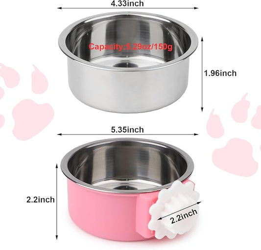 Hypeety Dog Crate Water Bowl No Spill - Hanging Attachable Pet Bowls for Kennel Durable Stainless Steel Food Water Dishes for Small Dogs Cats Rabbits Parrots with Non-Slip Base (Pink)