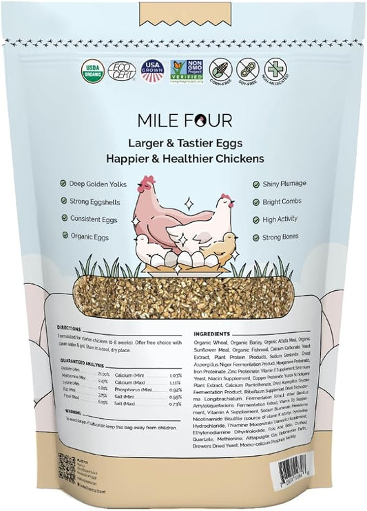 Mile Four Organic Chicken Feed – Starter Chick Mash, Non-GMO, USA Grown, 21% Protein, Corn-Free, Soy-Free, Non-Medicated Chick Feed, 2 lb Sample