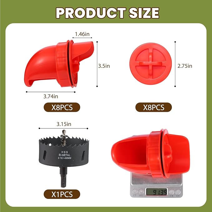 8-Pack DIY Automatic Chicken Feeder Ports, No Waste Poultry Feeder Kit for Buckets & Bins, Waterproof Feeding Cups for Chickens Ducks & Other Poultry, with Hole Opener Tool