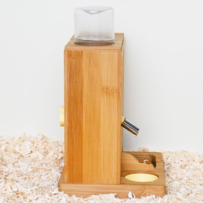 Adjustable Hamster Water Bottle Stand and Feeding Station, Bamboo Wood 2-in-1 Food Bowl Holder, Small Animal Hideout Accessorise for Syrian and Dwarf Hamsters