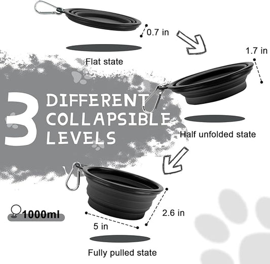 Collapsible Dog Bowls for Travel, 2-Pack Dog Portable Water Bowl for Dogs Cats Pet Foldable Feeding Watering Dish for Traveling Camping with Carabiners, BPA Free (Grey&Black, Medium (Pack of 2))