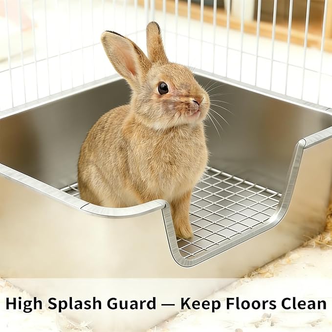 PODOO Bunny Litter Box, Stainless Steel Sifting Pan with Non-Slip Pads | Stainless steel sifting pan lets waste fall below; raised sides and non-slip pads help keep the litter area stable and tidy