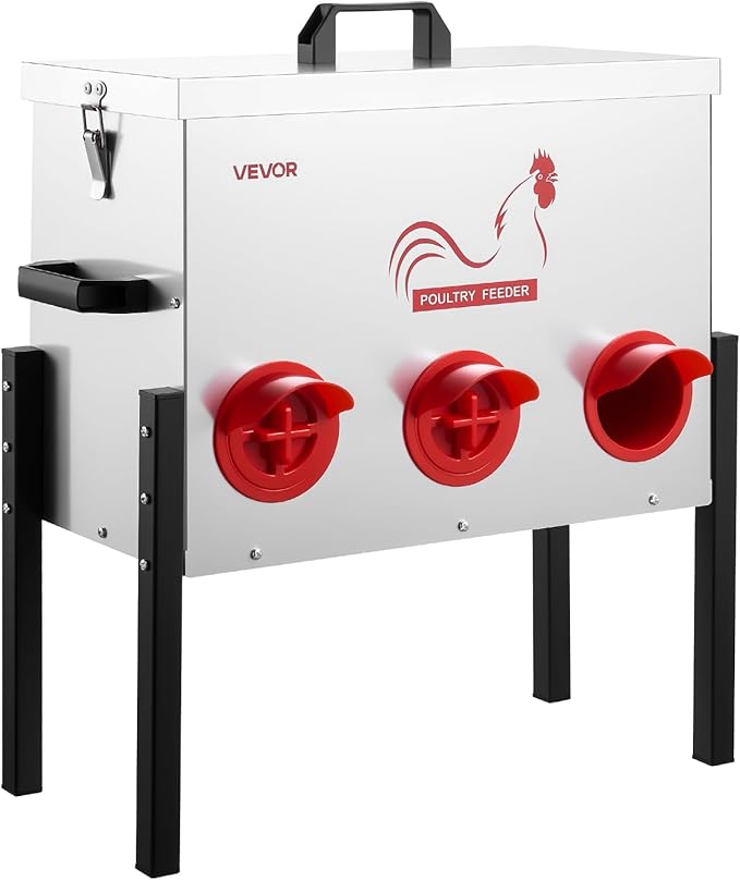 VEVOR Automatic Chicken Feeder, 30 lbs Capacity, 6 Feeding Ports No-Waste Poultry Feeder, Automatic Gravity, with Adjustable Height & Locking Lid, Metal Construction, for Chickens Bantams Pheasants
