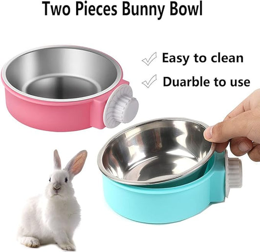 Rabbit Bowls Set, Big Pet Bunny Food Bowls Small Animals Cage Bowl and Stainless Steel Hanging Water Food Feeder Bowls for Big Bunny Food Dish (4 PCS)