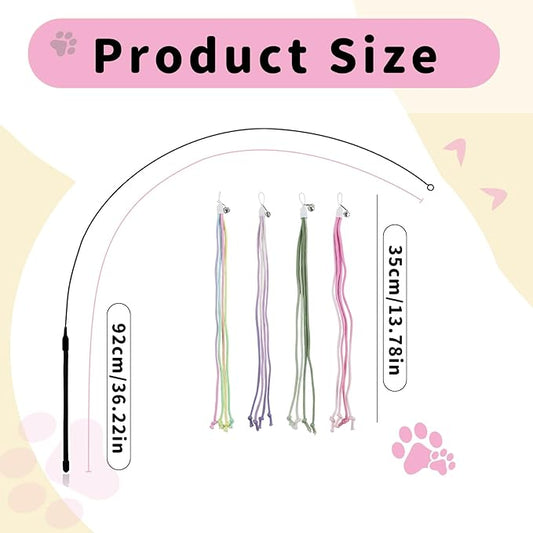Andiker Cat Wand Toys, Colorful Cat Teaser Toy with 2 Cotton Rope Refills & 1 Long Steel Wand, Interactive Cat Toy for Indoor Cats to Chase Chew and Exercise (Rainbow and Purple)