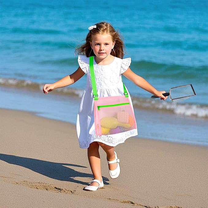 MUYIZI Beach Mesh Shovel with Mesh Beach Bag for Shell Collecting, Kids Sand Sifter for The Beaches,Shell Scooper for Beaches,Shark Tooth Sifter Dipper,Sea Shell Bags for Kids,Sand Toys (Pink+Yellow)