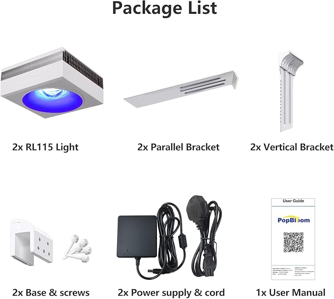 New PopBloom 2X RL115 WiFi Reef LED Light, 240W WiFi & APP Programmable LED Reef Aquarium Lights for 36"-48" Marine SPS LPS Corals & Saltwater Tank (RL115 with Arm Kitx2)