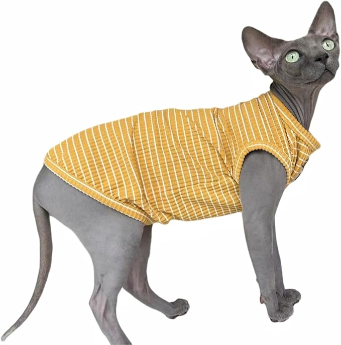 Ginger Stripe Sphynx Cat Vest Clothes for Hairless Cat T-Shirt Apparel | Sleeveless, Rib Knit, Thin for Summer, Cotton Blend