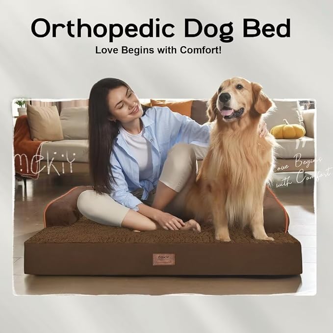 MEKIY Orthopedic Waterproof Jumbo Dog Bed with Bolster for Extra Large Dogs | Pillow Support for Neck Relief, Egg Crate Foam, Waterproof Liner, Anti-Slip Bottom, Removable Bolster Cover, 53 x 42 Inch