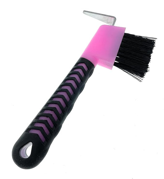 Horse Hoof Pick with Brush - Non-Slip Ergonomic Handle, Heavy-Duty Steel Pick & Stiff Bristles - Removes Dirt, Mud & Rocks - Horse Grooming Tool for Daily Hoof Care (Pink)