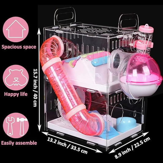 DuvinDD Hamster Cages with Crossover Tubes Tunnels, Large Hamster Cage Habitats Gerbil House, Transparent Acrylic Small Animal Cage for Pet Rat, Syrian Hamster, Mouse with Accessories