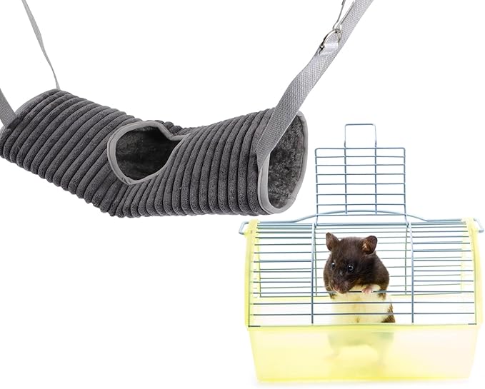 Small Pet Tunnel Hammock with Plush Warm Tube Nest, Grey Hanging Ferret Hideout and Hamster Sleeping Cage Accessory for Winter Use