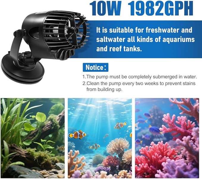 DaToo 1982GPH Mini Aquarium Circulation Pump Ultra-quiet Fish Tank Wave Maker With Suction Cup 360 Degree Rotatable Aquarium Power Head Submersible Water Pump For Freshwater And Saltwater