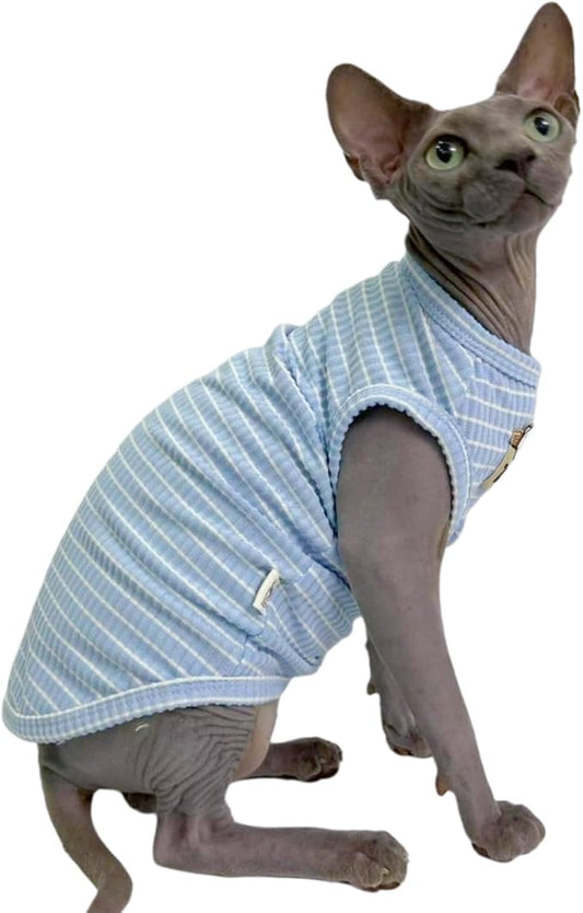 Sky Blue Stripe Sphynx Cat Vest Clothes for Hairless Cat T-Shirt Apparel | Sleeveless, Rib Knit, Thin for Summer, Cotton Blend