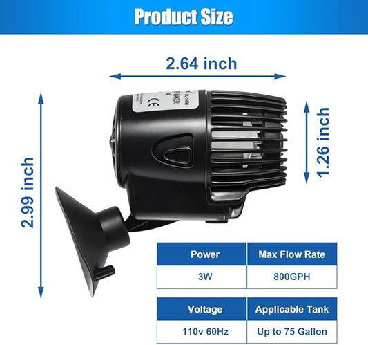 DaToo 800GPH Mini Aquarium Circulation Pump Ultra-quiet Fish Tank Wave Maker With Suction Cup 360 Degree Rotatable Aquarium Power Head Submersible Water Pump For Freshwater And Saltwater