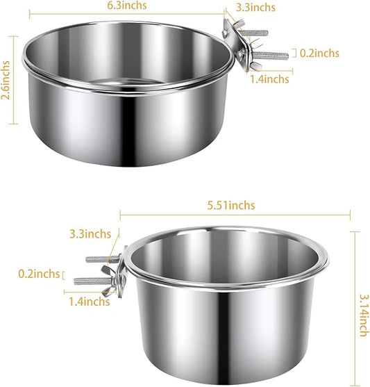 2 Pcs Medium Pet Dog Food Water Bowl for Cage Stainless Steel Non-Spill Kennel Hanging Cats Pets Bowls with Clamp Holder Crate Feeder Dish for Medium Dogs Pets (5.5x3.1'' & 6.3x2.6'')