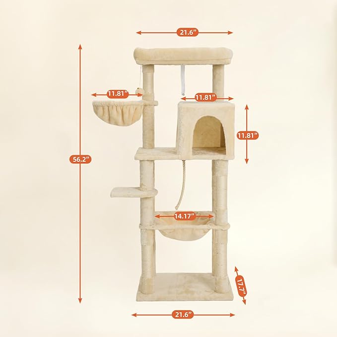 56.2 Inch Cat Tree Condo, Multi-Level Tower with Sisal Scratching Post, Cat House, Plush Toy & Indoor Play Gym (Beige)