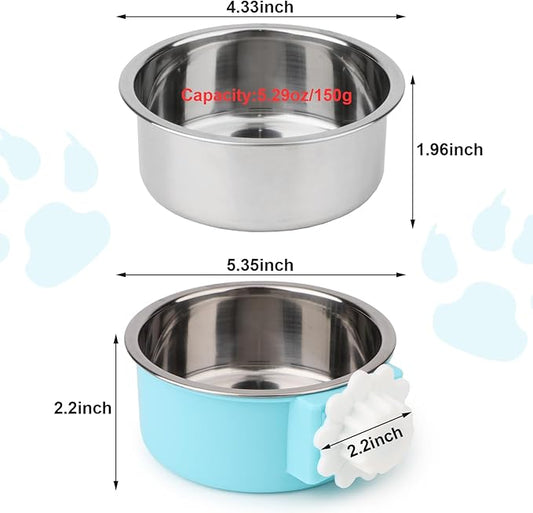 Hypeety Dog Crate Water Bowl No Spill - Hanging Attachable Pet Bowls for Kennel Durable Stainless Steel Food Water Dishes for Small Dogs Cats Rabbits Parrots with Non-Slip Base (Blue 2pcs)